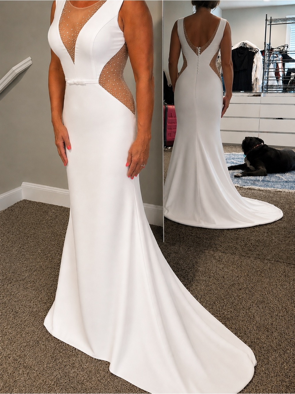Elegant White Wedding Dress with embellished sheer side inserts.